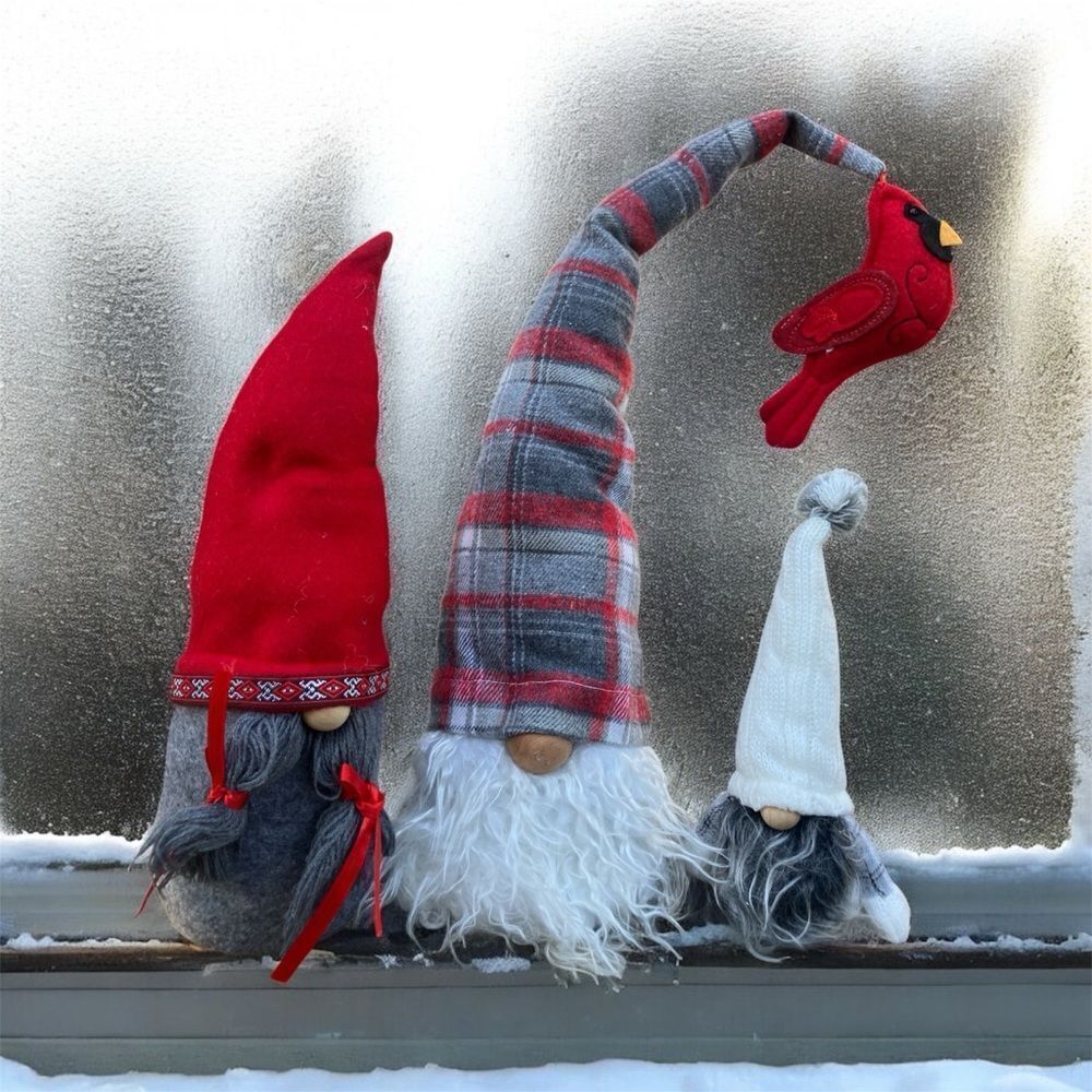 Festive Gnome Trio with Red and Gray Hats and Red Cardinal
